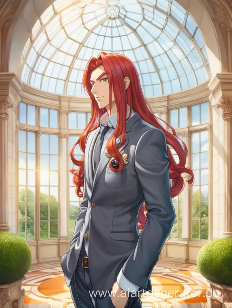 Мужчина 35-тилетний с длинными красными волосами, классическая одежда.  Фон оранжерея и большое окно до пола, солнечно. аниме.