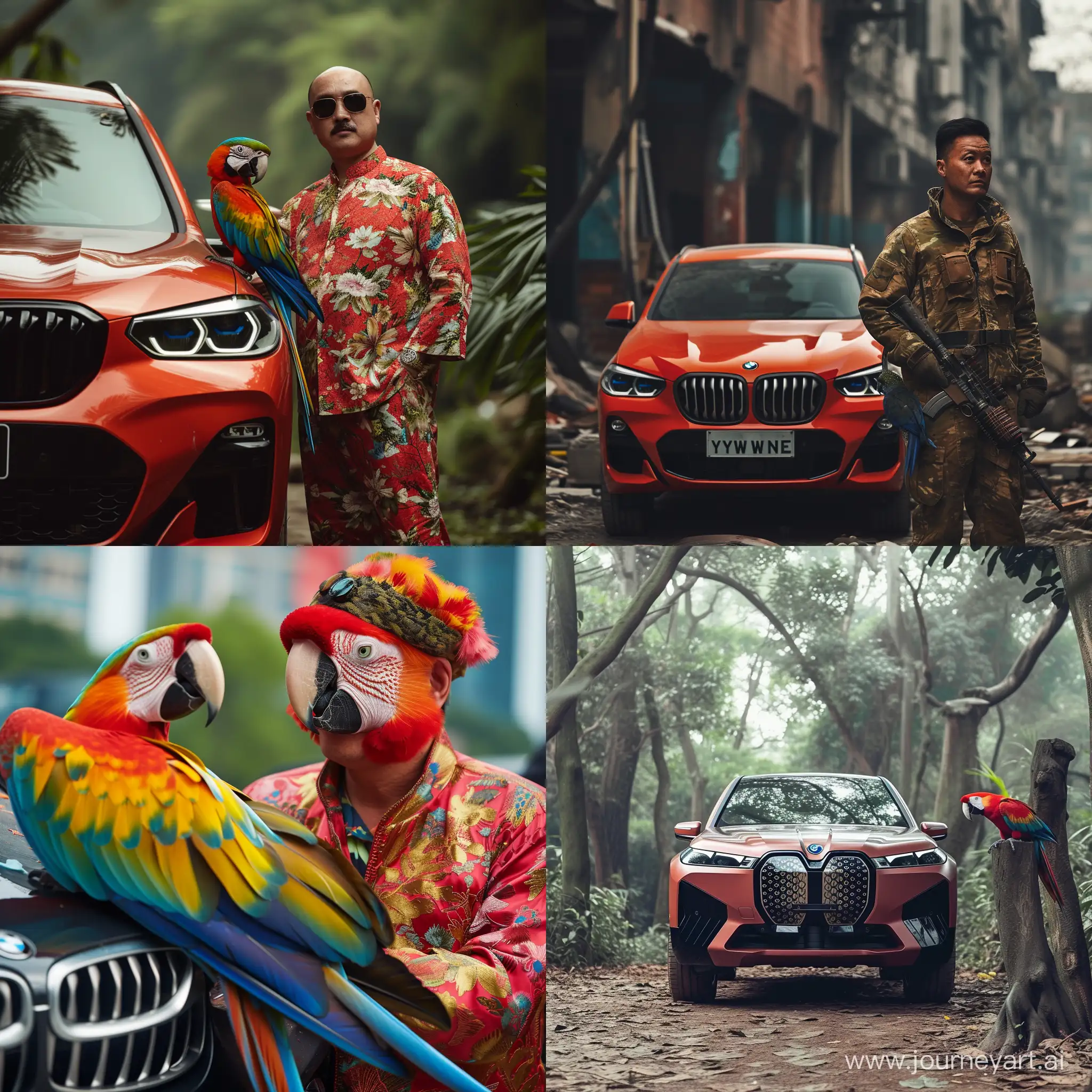Colorful-Parrot-Man-Driving-a-BMW-X2-under-Sunny-Skies