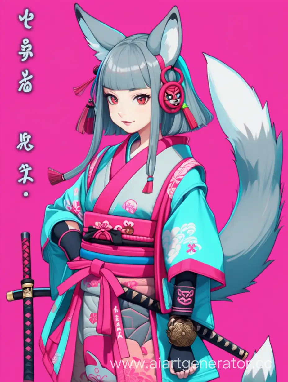 A girl with fox ears and a tail with a samurai man in neon