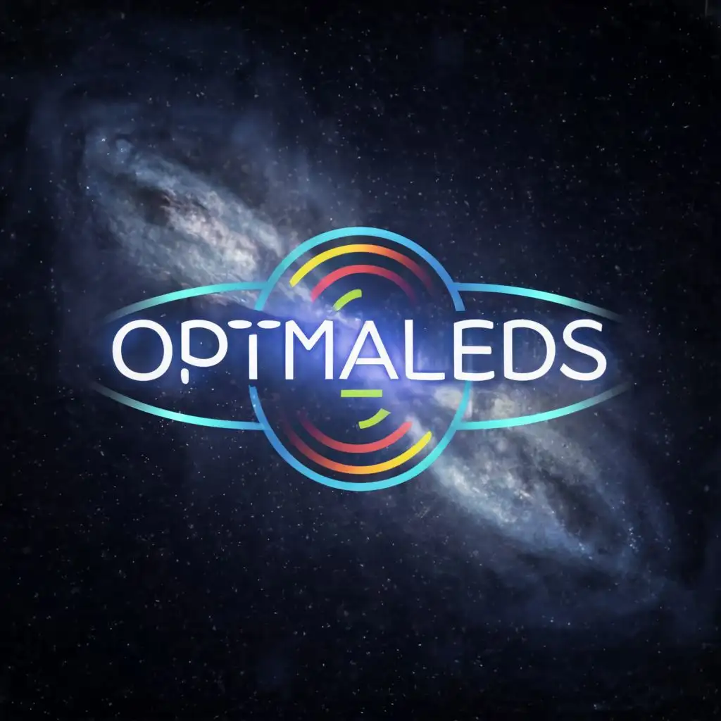 logo, led light strip galaxy, with the text "OptimalLEDs", "L" is red, "E" is blue, "D" is green, "s" is purple, typography, be used in Retail industry