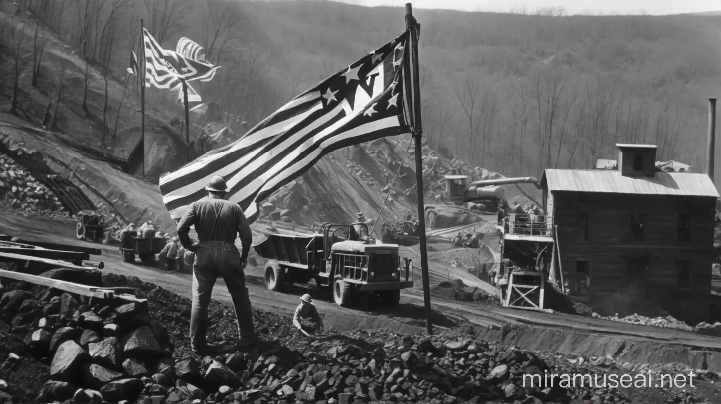 Coal Miner Working with West Virginia Flag in Background