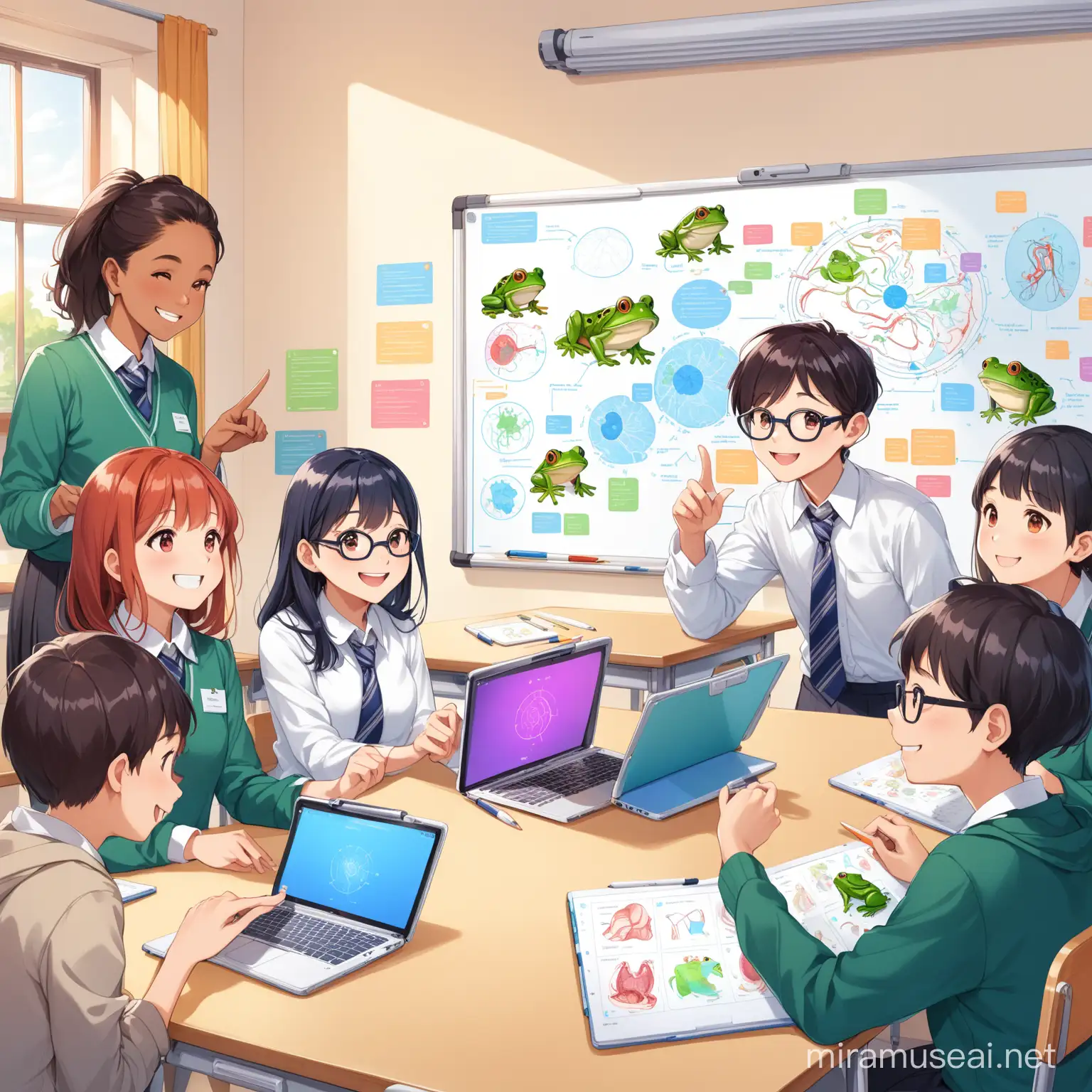 A bright and colorful cartoon classroom with 7 students from different backgrounds sitting around tables engaged in learning. 3 students are huddled together, excitedly using tablets to explore a 3D model of a frog's anatomy. The other 4 students are using laptops, some smiling and focused as they work on individual tasks. In the front of the classroom, a friendly teacher stands beside a whiteboard filled with colorful diagrams. The teacher gestures towards the board with a smile, clearly explaining a new and innovative teaching method that allows students to learn at their own pace and in ways that suit their preferred learning styles. make it simple and easy to trace

