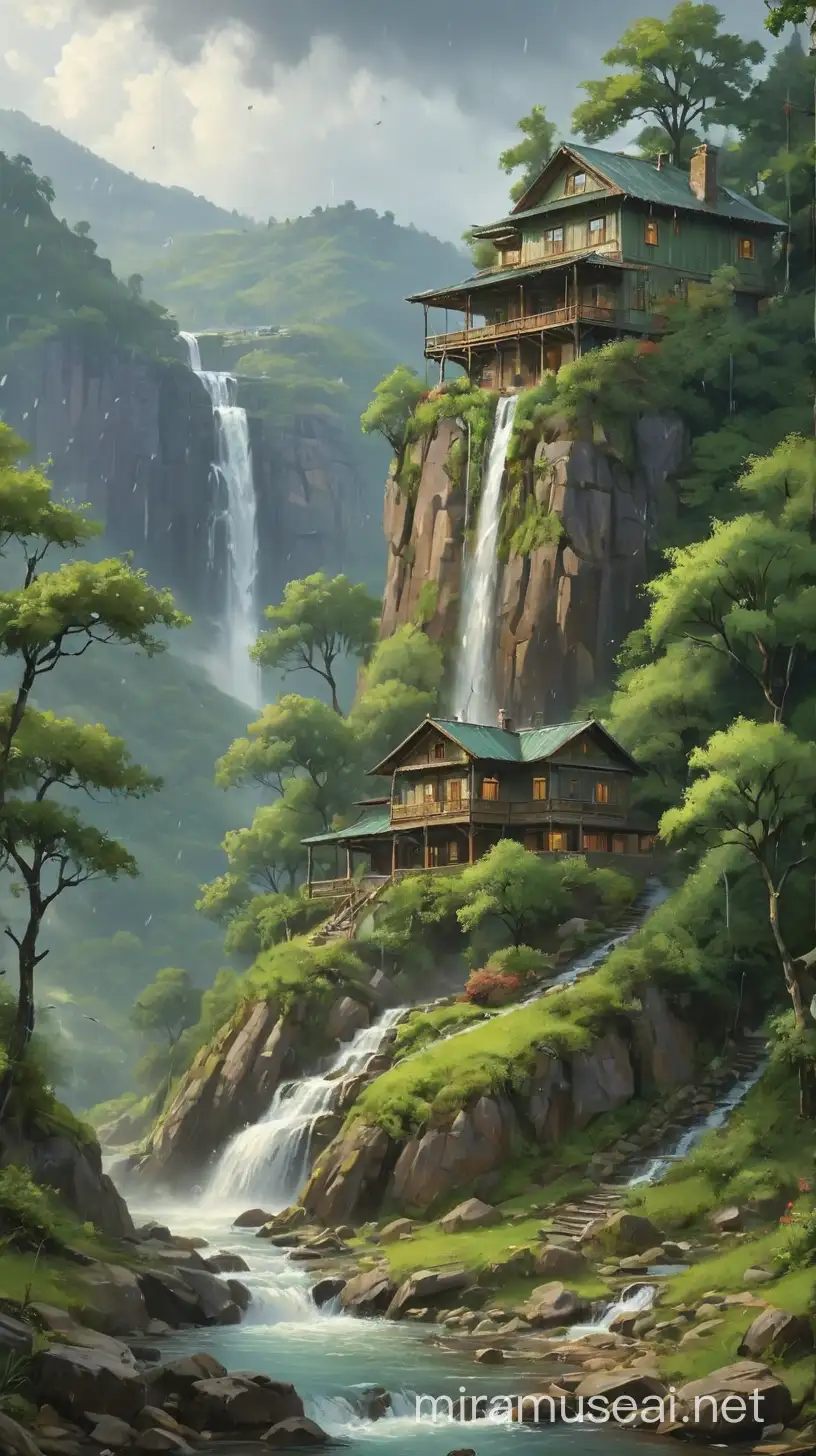 A landscape art. House on a mountain and rain falling. Green trees and water falls