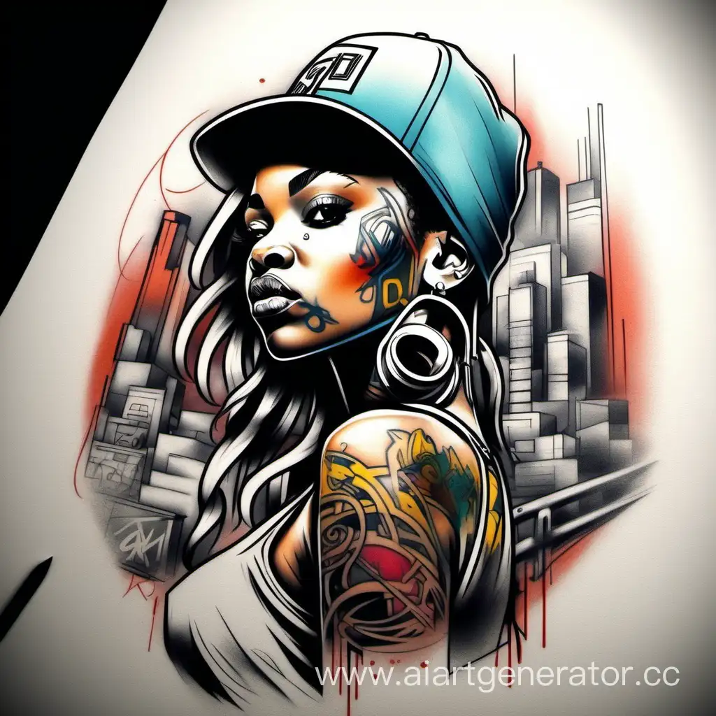 эскиз для тату в стиле хип хоп реализм с девушкой, цветная, граффити

