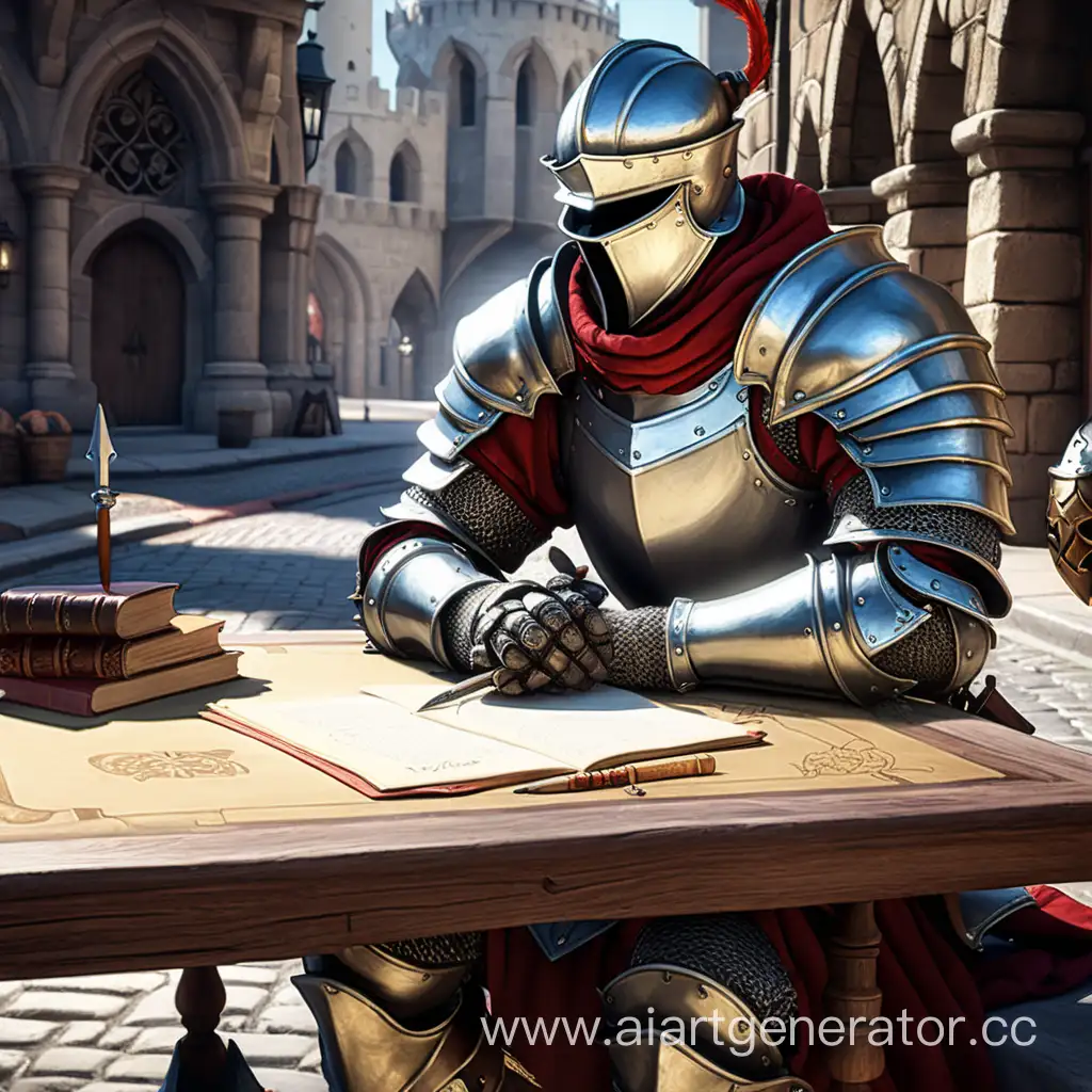 Рыцарь-магистр, на голове шлем - армэ, сидит за письменным средневековым столом на улице, уставший, лёг головой на стол, стиль Divinity original Sins 2