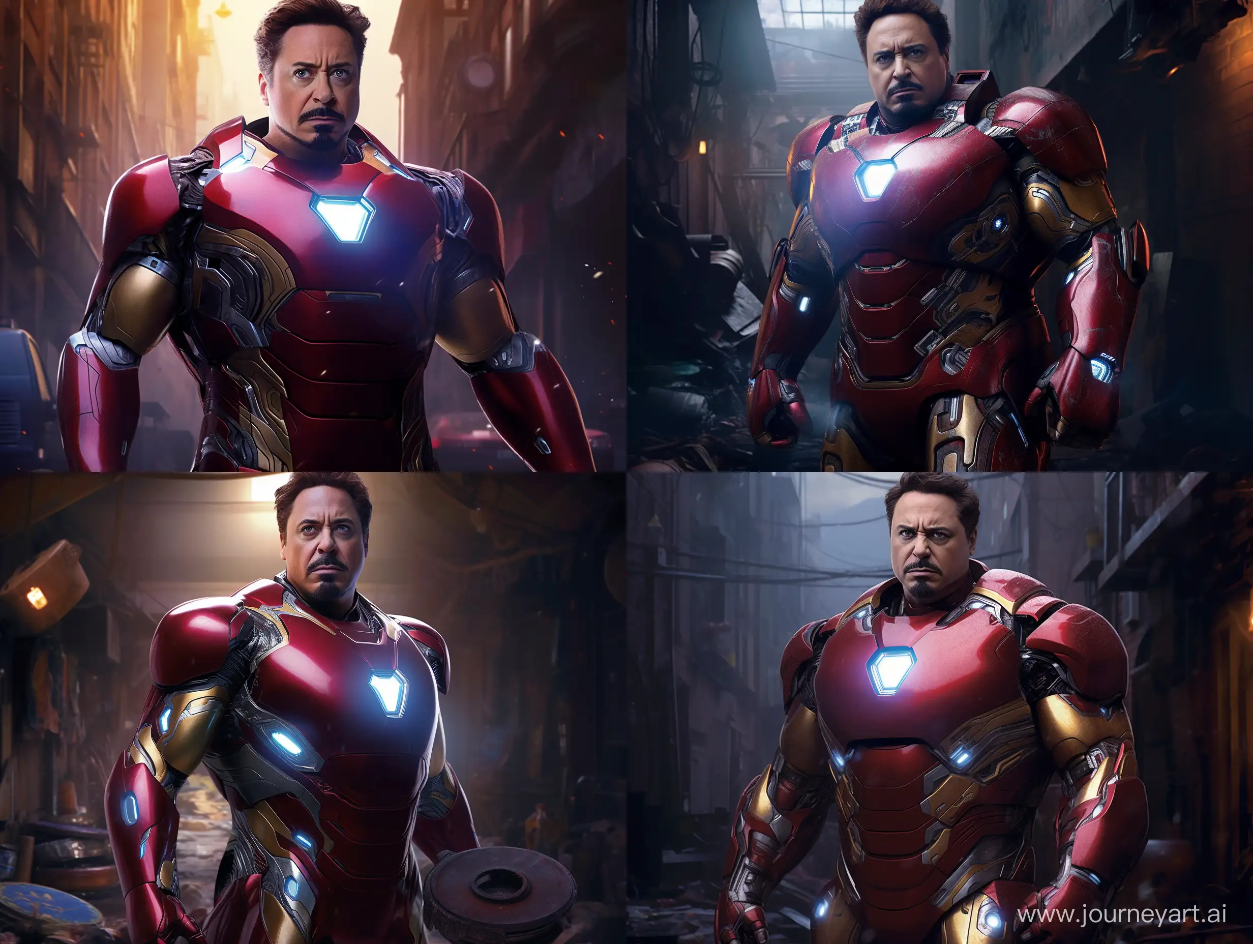 Very Fat Iron Man, https://static.wikia.nocookie.net/p__/images/3/35/IronMan-EndgameProfile.jpg/revision/latest?cb=20190425080838&path-prefix=protagonist, looking at the camera, half body, with a huge belly, no packs, in an alleyway, realistic, cinematic lighting, --ar 4:3 --q 2