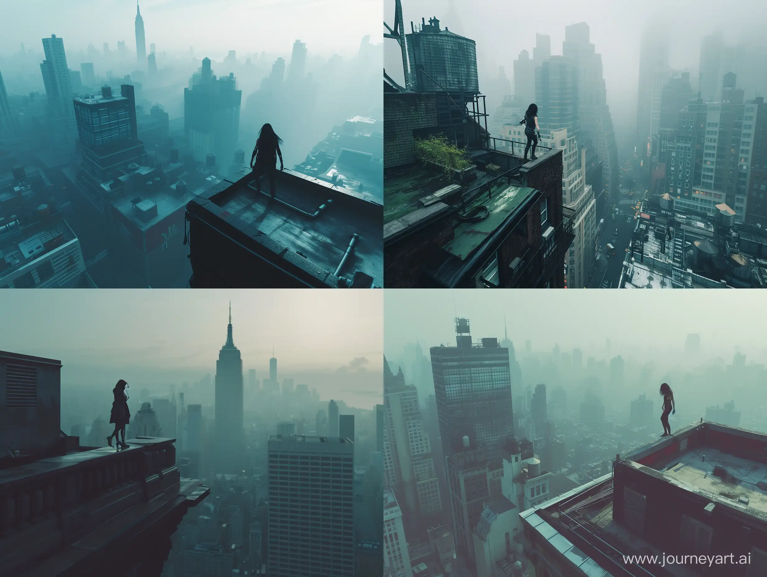 a bustling Procedural new new york city, the photo is bathed in natural lighting, relaxing setting. Shot in 4k with a high end DSLR camera. such as a Canon EOS R5 with a 50mm f/1. 2 lens, architecture, drone view, skyline, a woman is standing on the edge of a rooftop, vivid, foggy, dystopian, science fiction, she has a bionic arm, wide view, skyline,
