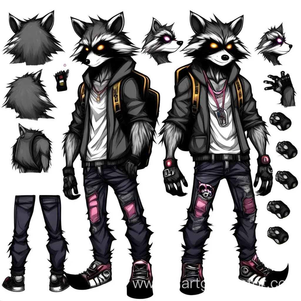 adoptable, furry, raccoon, emo clothing, adopt, character, reference, more detailed, hair, backpack, serious, claws, pierced, tall, slim, pumped up, monster, infected, muscled, anime art style