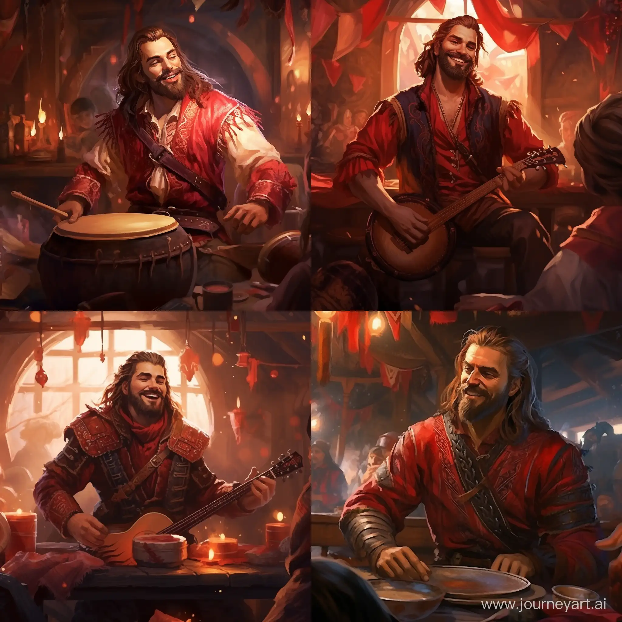 Draw me a concept art. Viking bard who stands in a tavern in the middle of a feast and he sings. He is thin and dressed in red clothes he is play on drums and singing