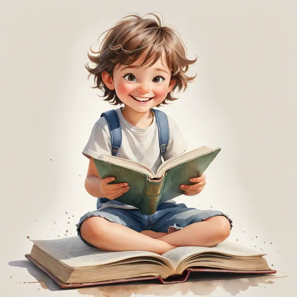 akvarel realistická ilustrace, dítě sedí na otevřené velké knize, dítě se usmívá, akvarel ilustrace, bílé pozadí