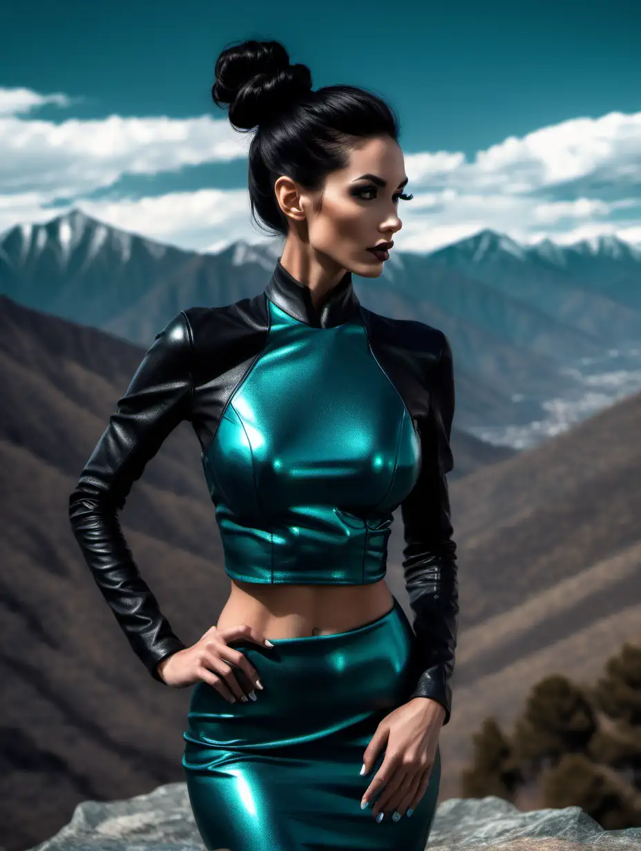 A skinny, realistic, big-breasted, beautiful fitness female model with leather and long black hair wearing it up in a bun, an elegant 2-piece sleeve and a dark teal metallic gown standing on the mountains and a whole body shot from the top of his head to his feet.