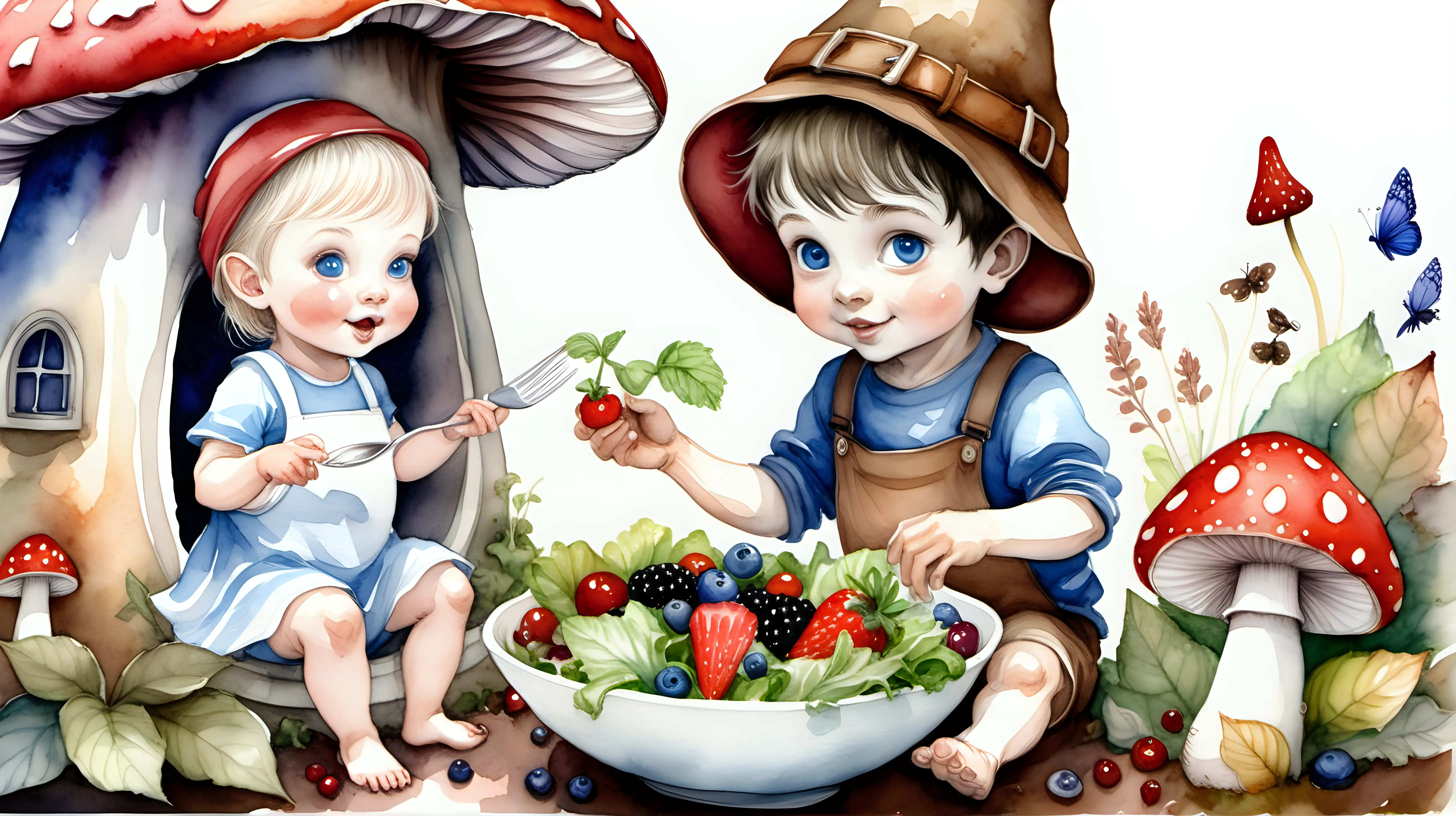 Whimsical Watercolor Scene Pixie Chef and Baby Girl in Fairy House