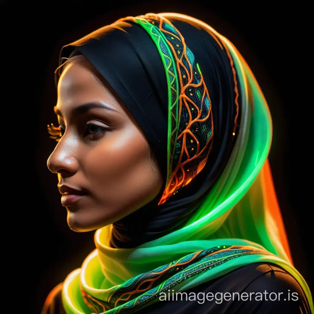 side profile of a realistic, bioluminescent woman wearing a hijab, glowing with vibrant shades of orange and lime green. intricate structure, subtle glow. The background is pure black to emphasize the woman's luminescence and colors