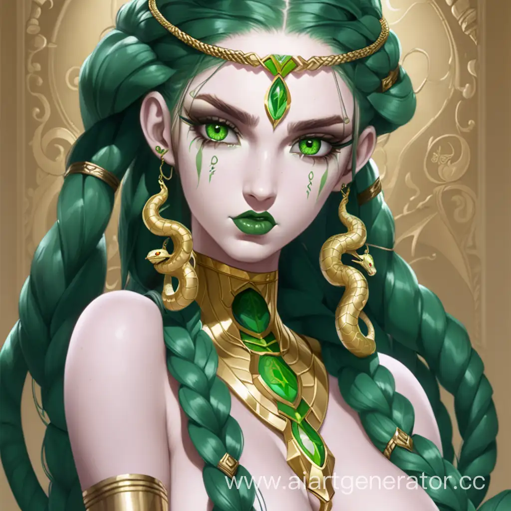 Snake girl with green eyes, long braids, and gold ornaments girl