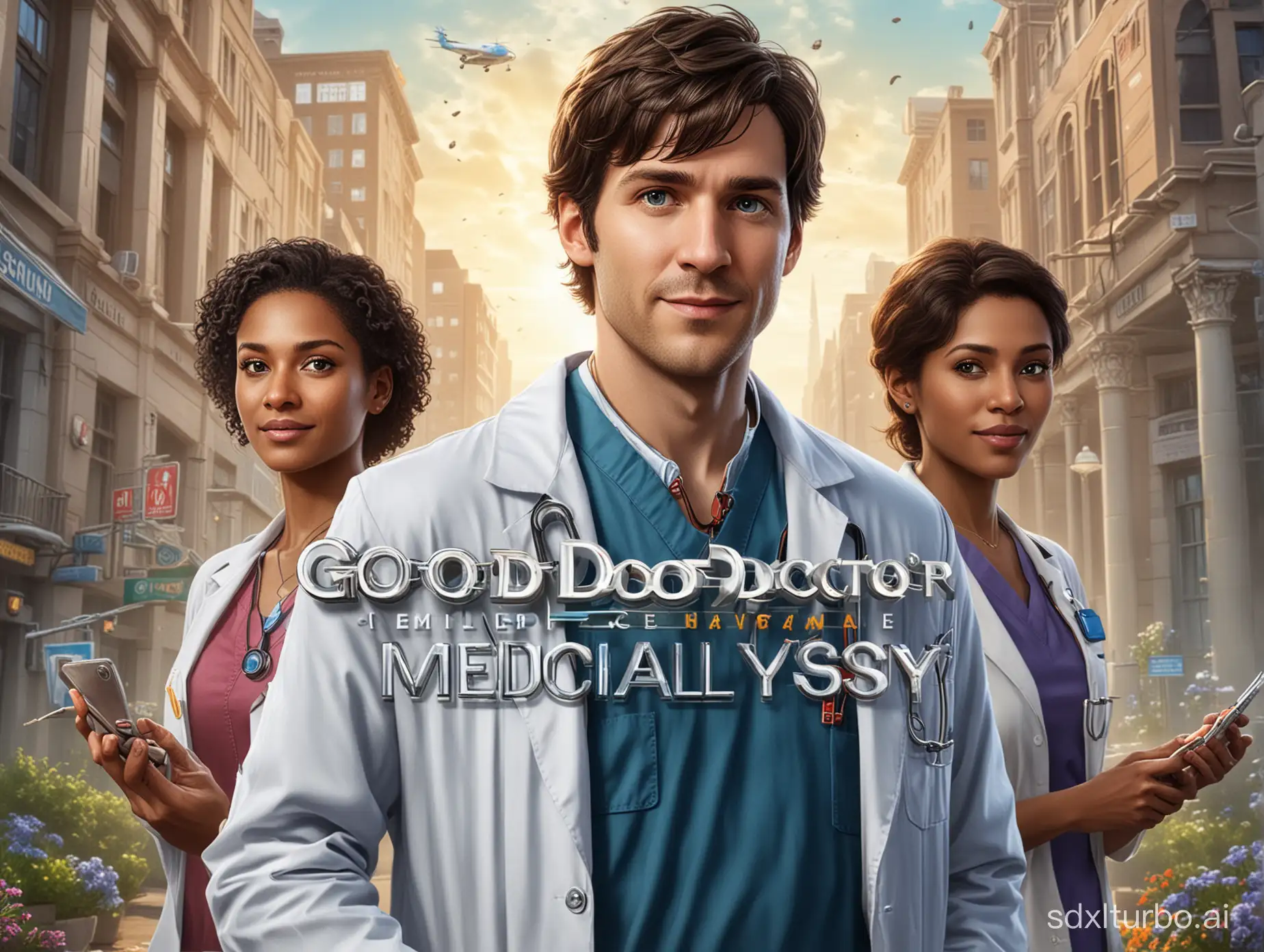 un immagine di  copertina stile realistico di un gioco PC di medecina con titolo "Good Doctor: Medical Odyssey" .