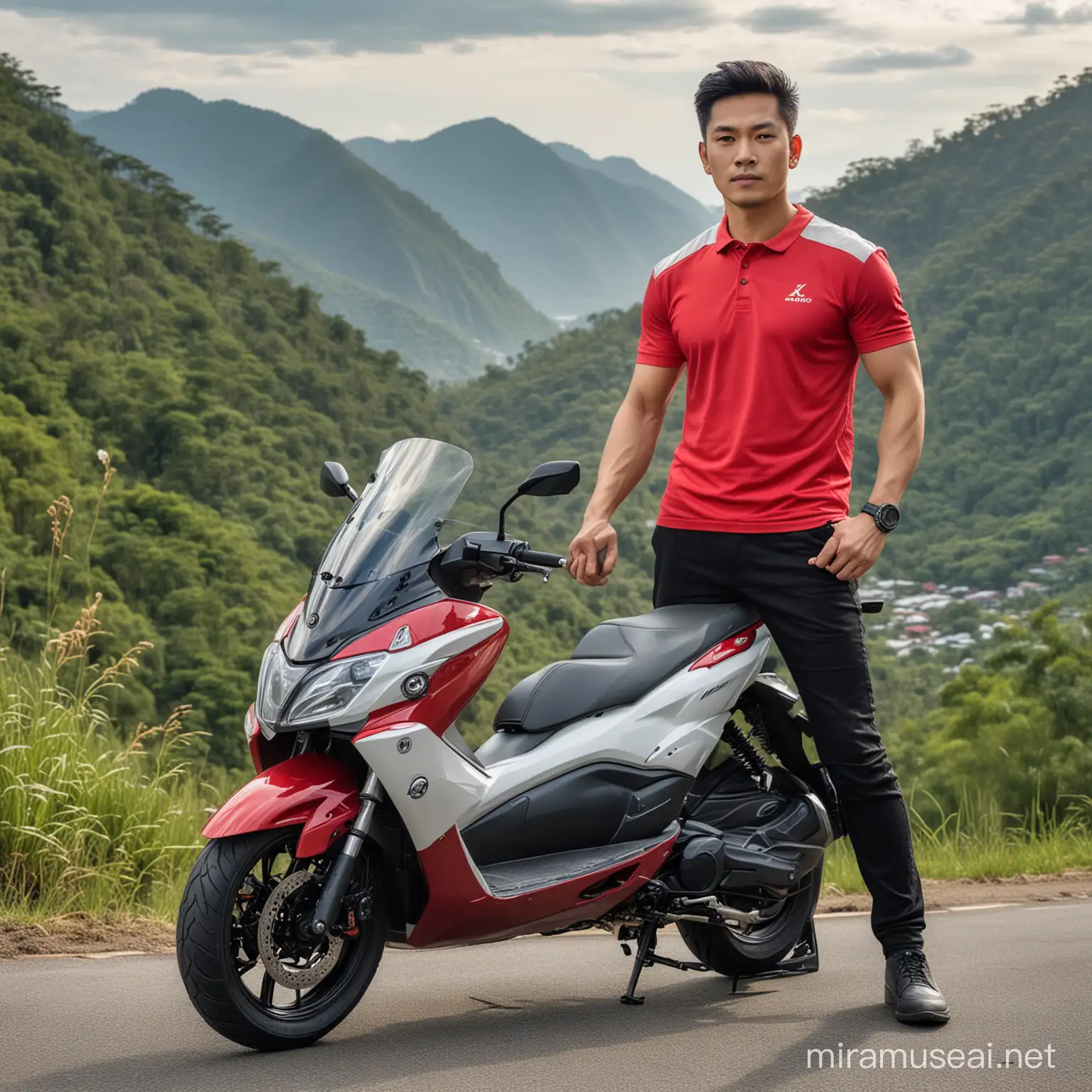 Asian Man in Red Shirt with Yamaha NMAX Bike in HDR Mountain Landscape