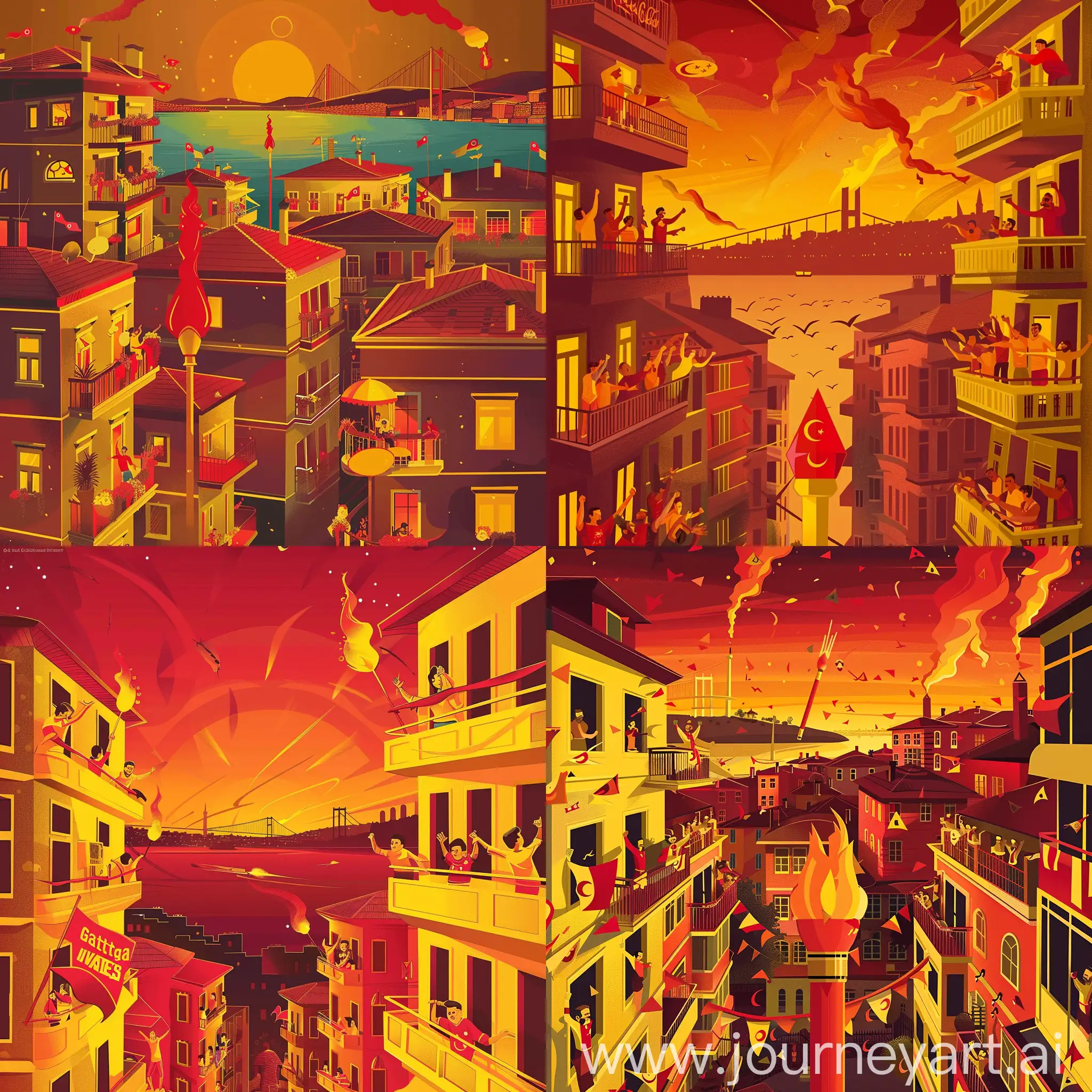 Galatasaray championship poster illustration, Yellow Red predominantly buildings and fans, celebrating from balconies, Bosphorus in the background, Galatasaray fans, yellow torch with red torch, yellow and red colors, orange and red colors night time illustration