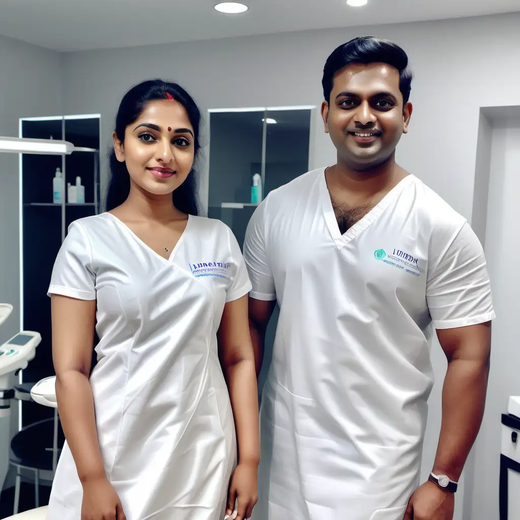 indian couple, both of them are wearing white dresses, posing in a skin clinic, white and glowing skin