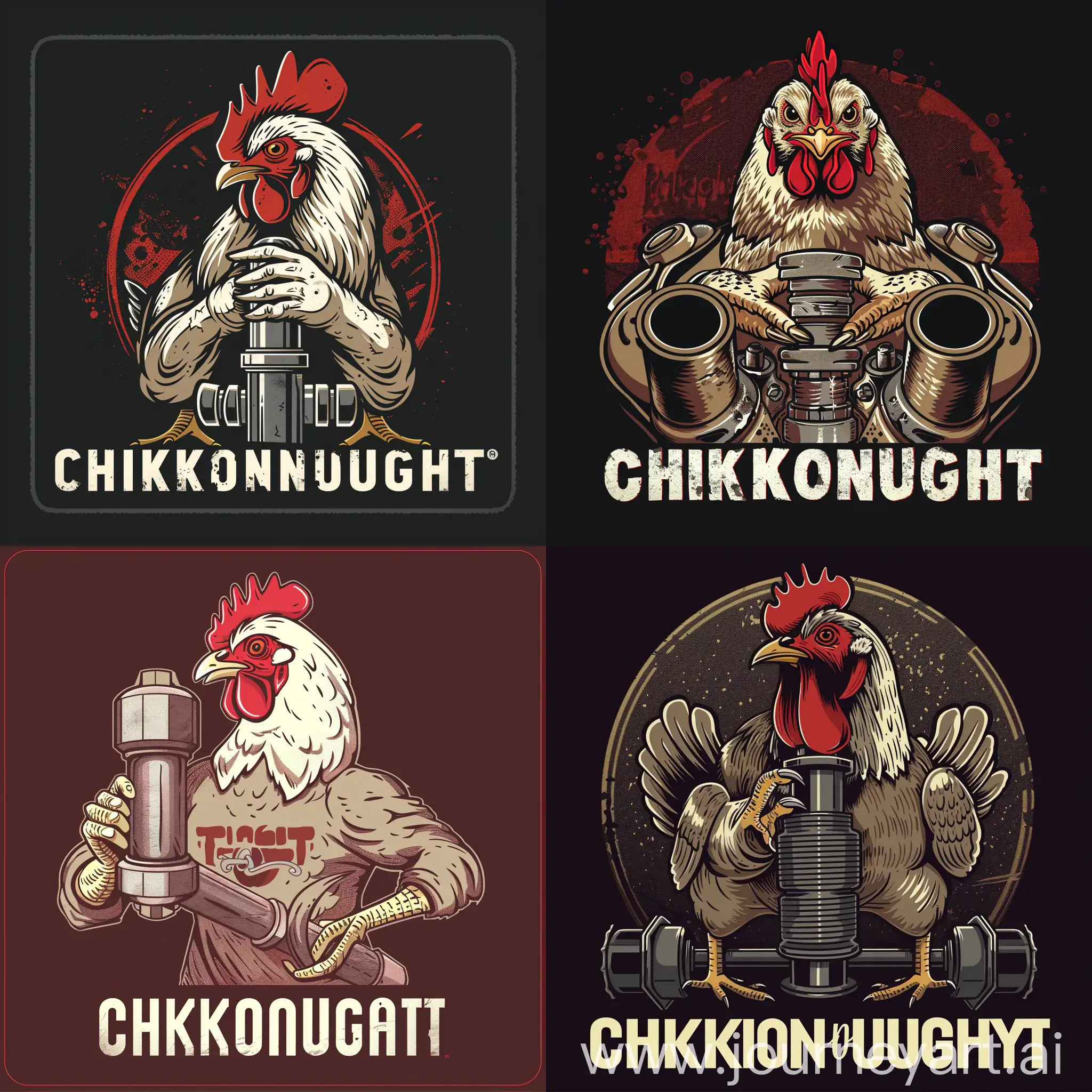 "CHICKONAUGHT" name logo, T-shirt design, chicken holding motor engine piston