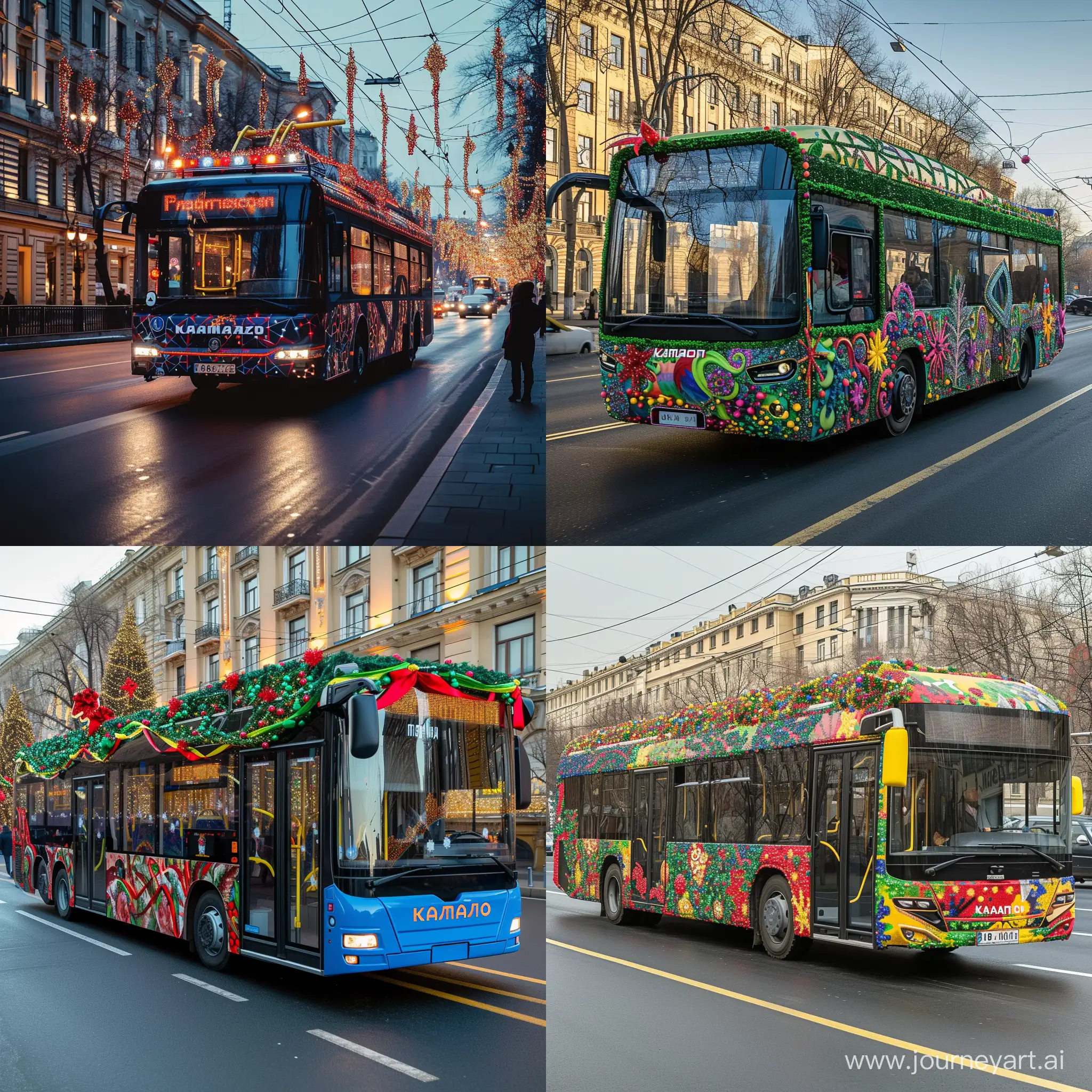 московский электробус камаз в новогоднем оформлении на улице