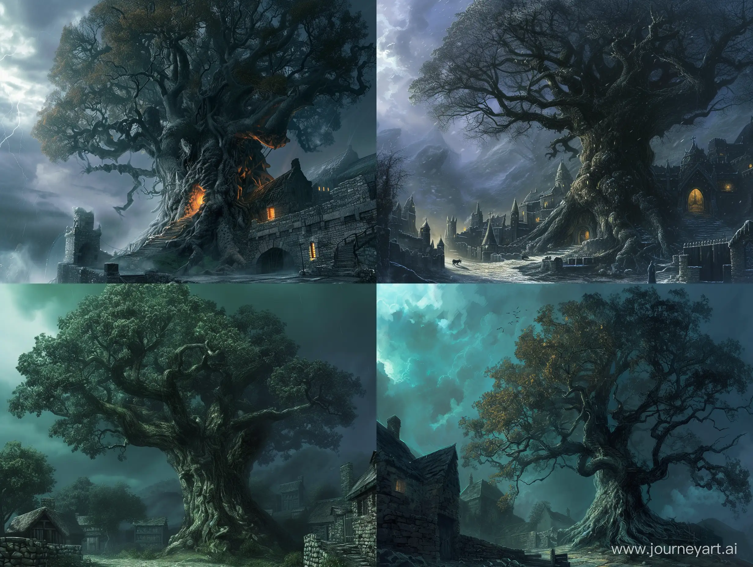Enchanting-Elven-Settlement-Ancient-Tree-in-Dark-Fantasy-Anime-Style