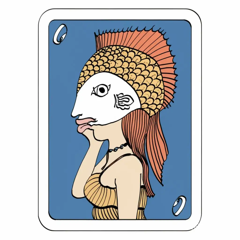 девушка с рыбой вместо головы в карточном стиле