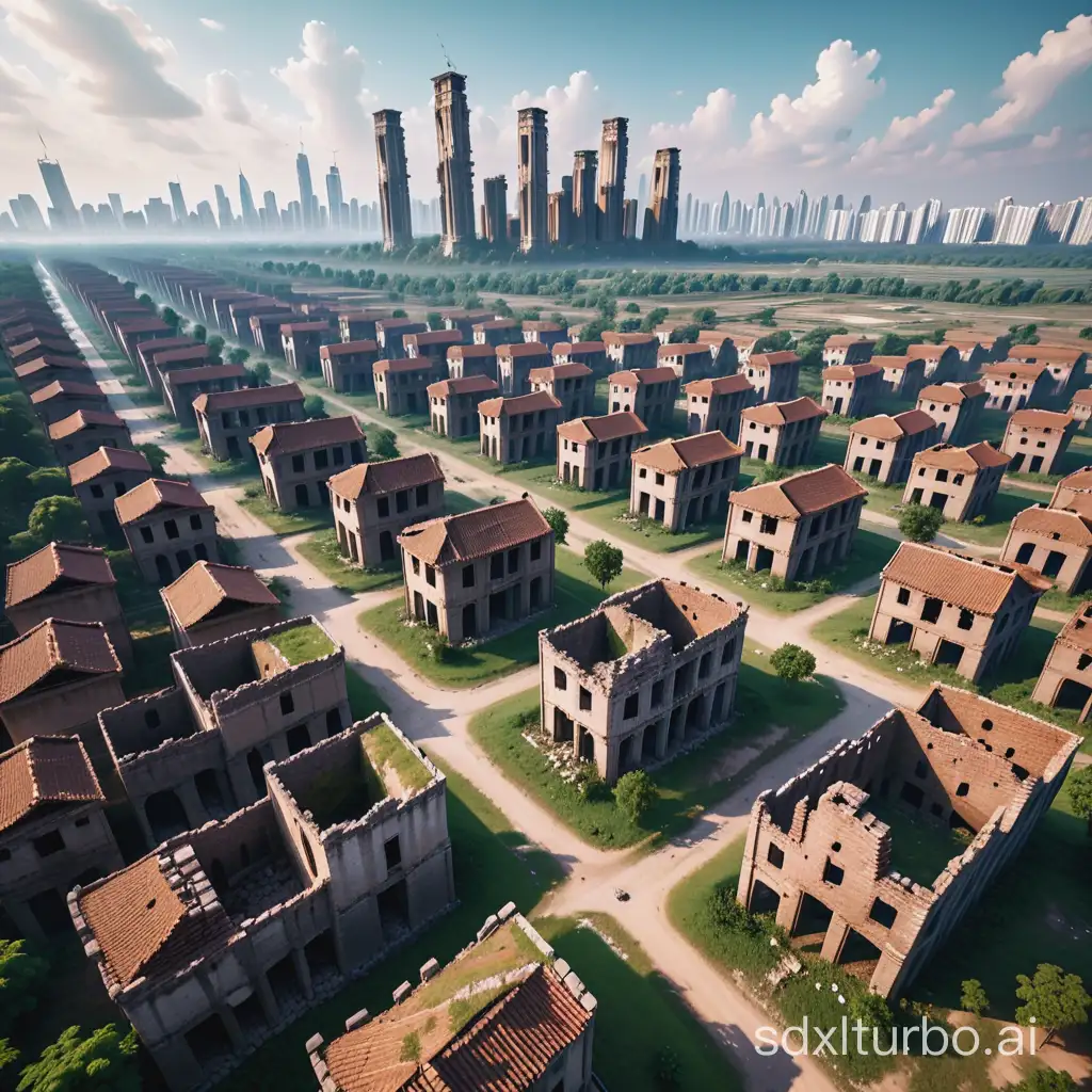 A village full of ruins, with distant skyscrapers contrasting sharply with the nearby ruins, drone perspective, long shot, wide-angle lens, large scene, realistic CG
