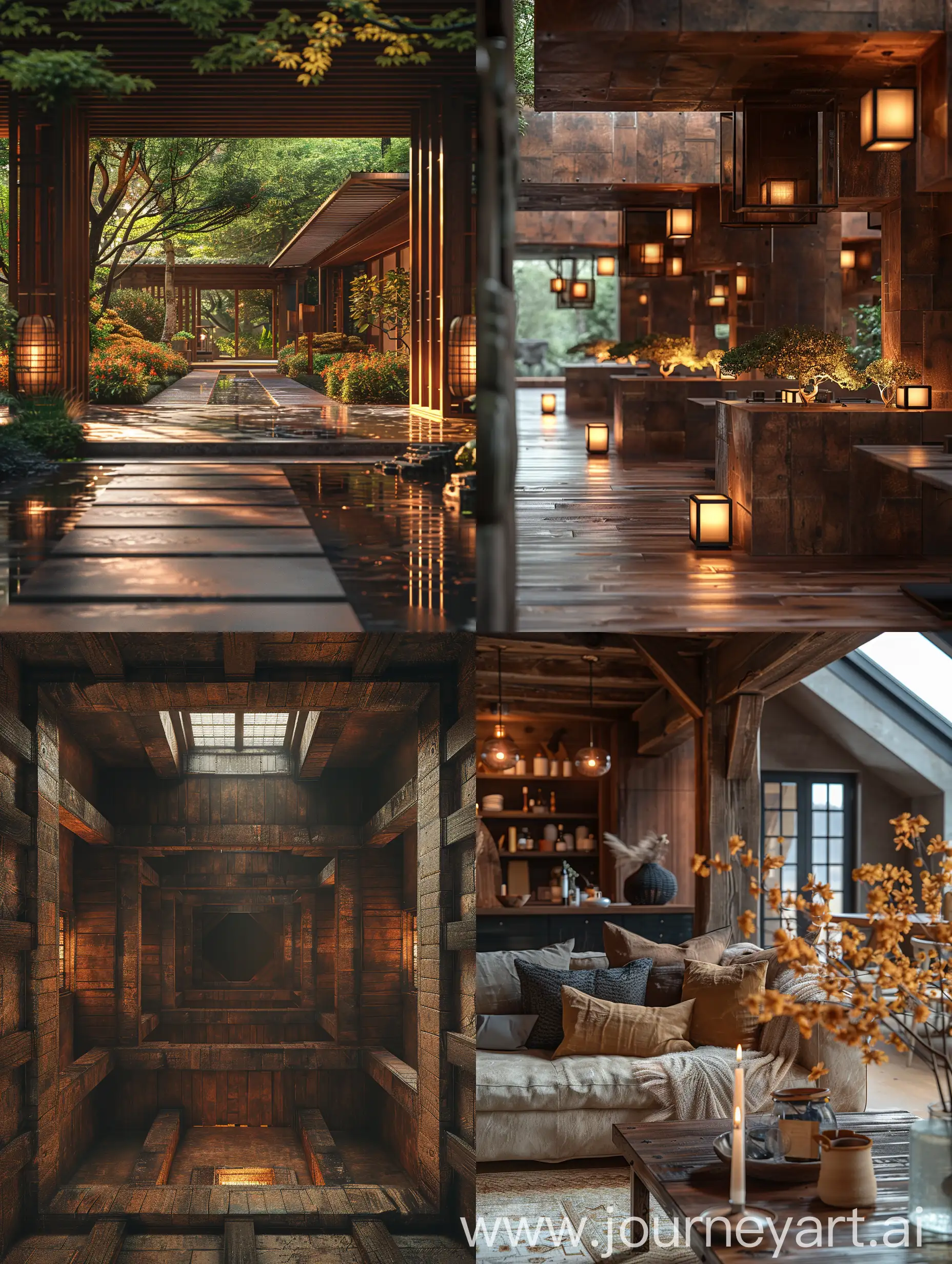 A realistic photo of a modern interior design with dark brown wooden structure and cozy. --s 750