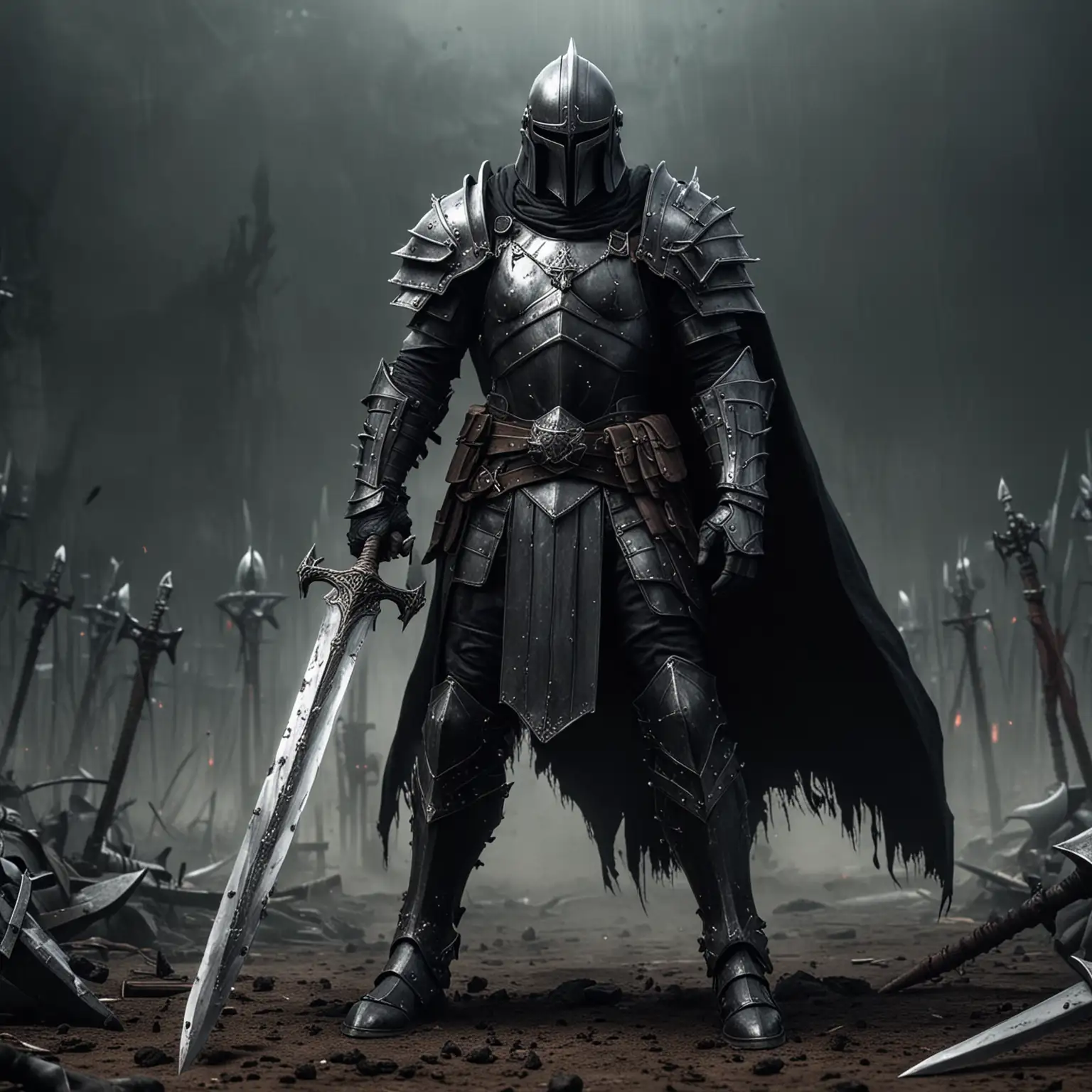 dark, gothic, general, big, armoured, big sword, dark helmet, battleground