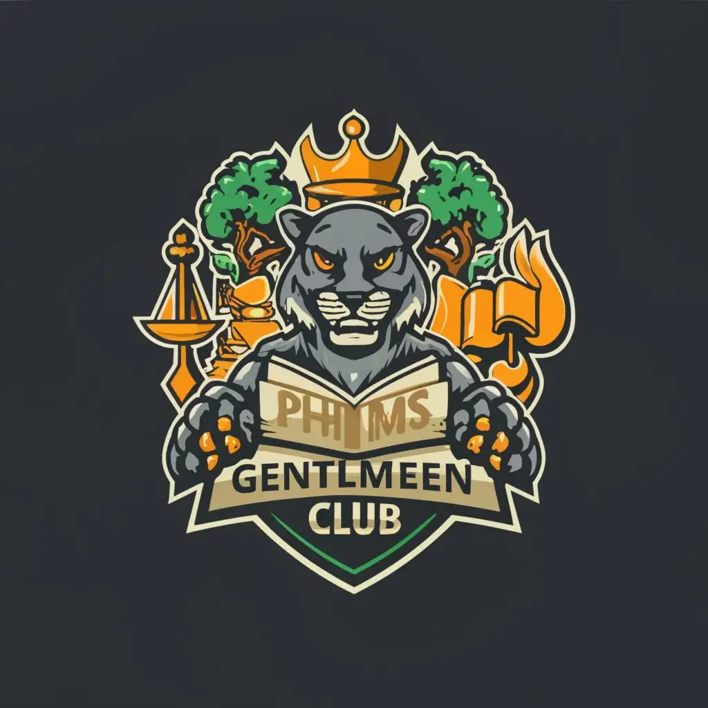 logo, Panther Mascot, Open Book, Torch, Shield, Oak Tree, scales of Justice, Quill & Scroll, with the text "PHMS Gentlemen Club", typography, be used in Education industry