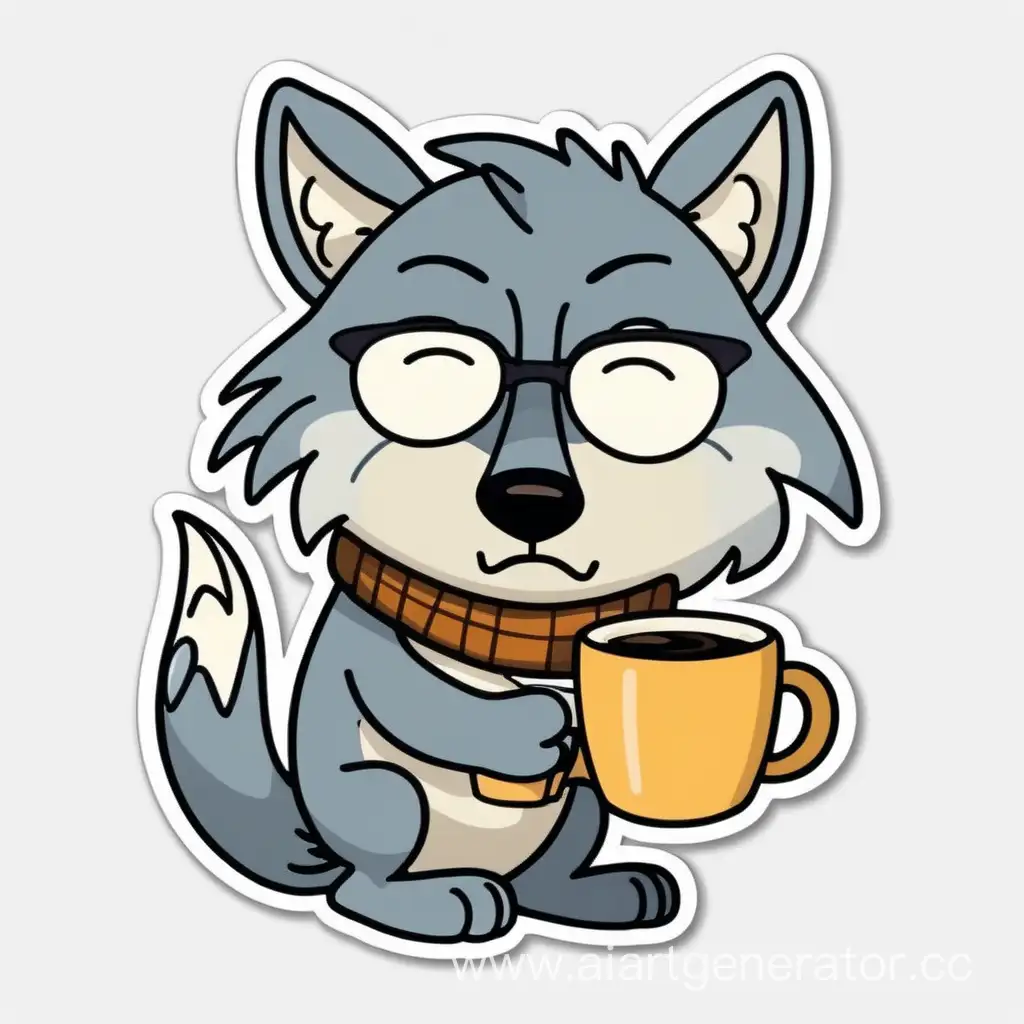 Сонный волк-мультяшка с чашкой кофе на белом фоне стикер