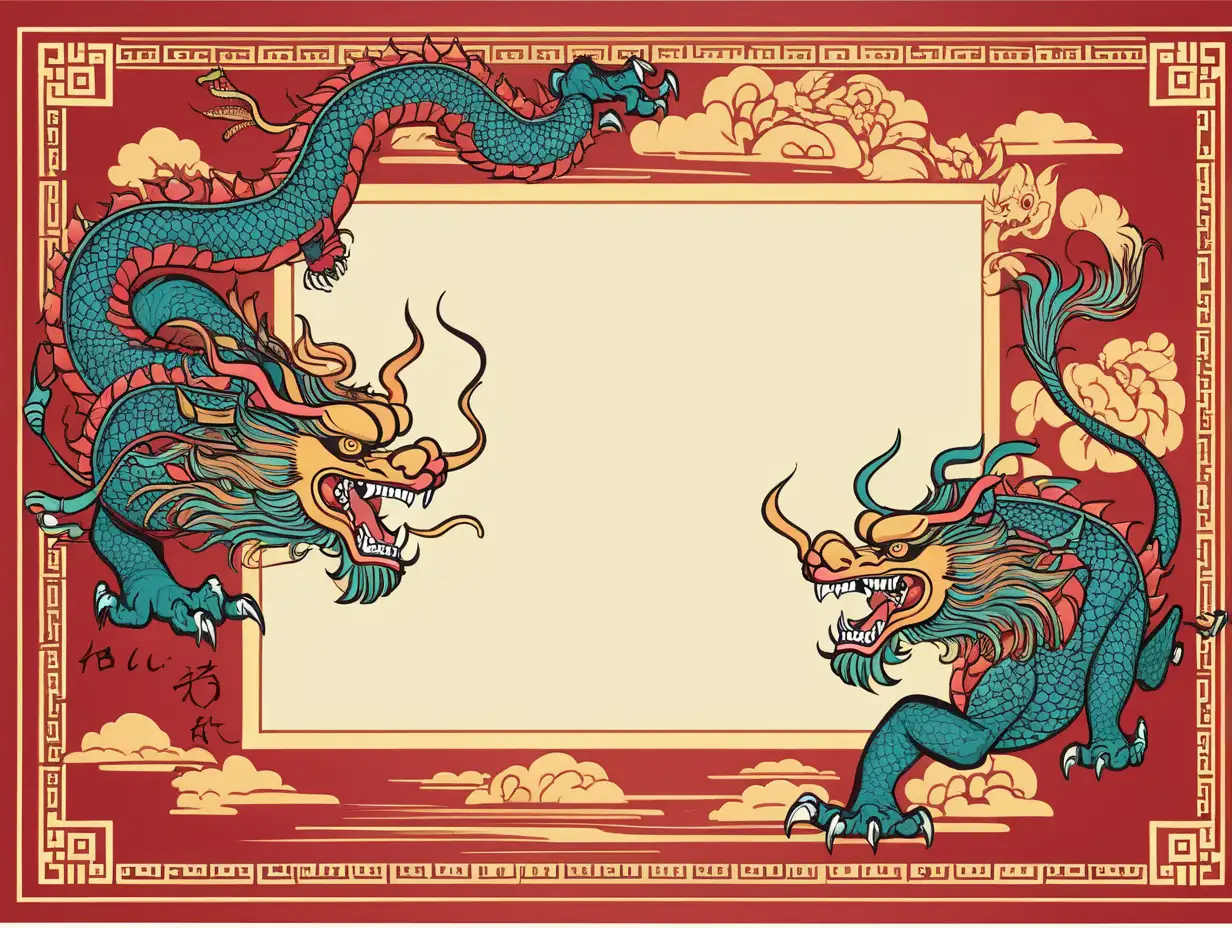 Chinese Mythical Beasts in Epic Battle Vibrant Vector Art in a Square Frame