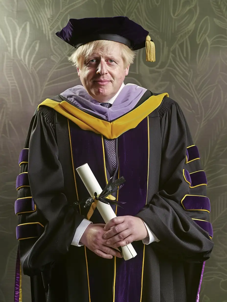 Boris Johnson as the subject of a university graduation photo, wearing a square mortarboard cap, holding a scroll,  dressed in black robes with purple and yellow trim.