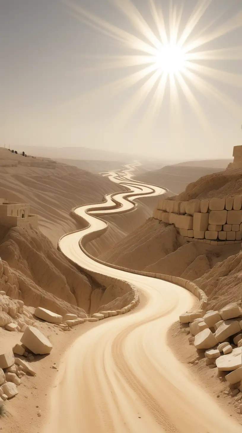 A dusty, winding road from Jerusalem to Jericho, set in a desert landscape with the sun high in the sky.