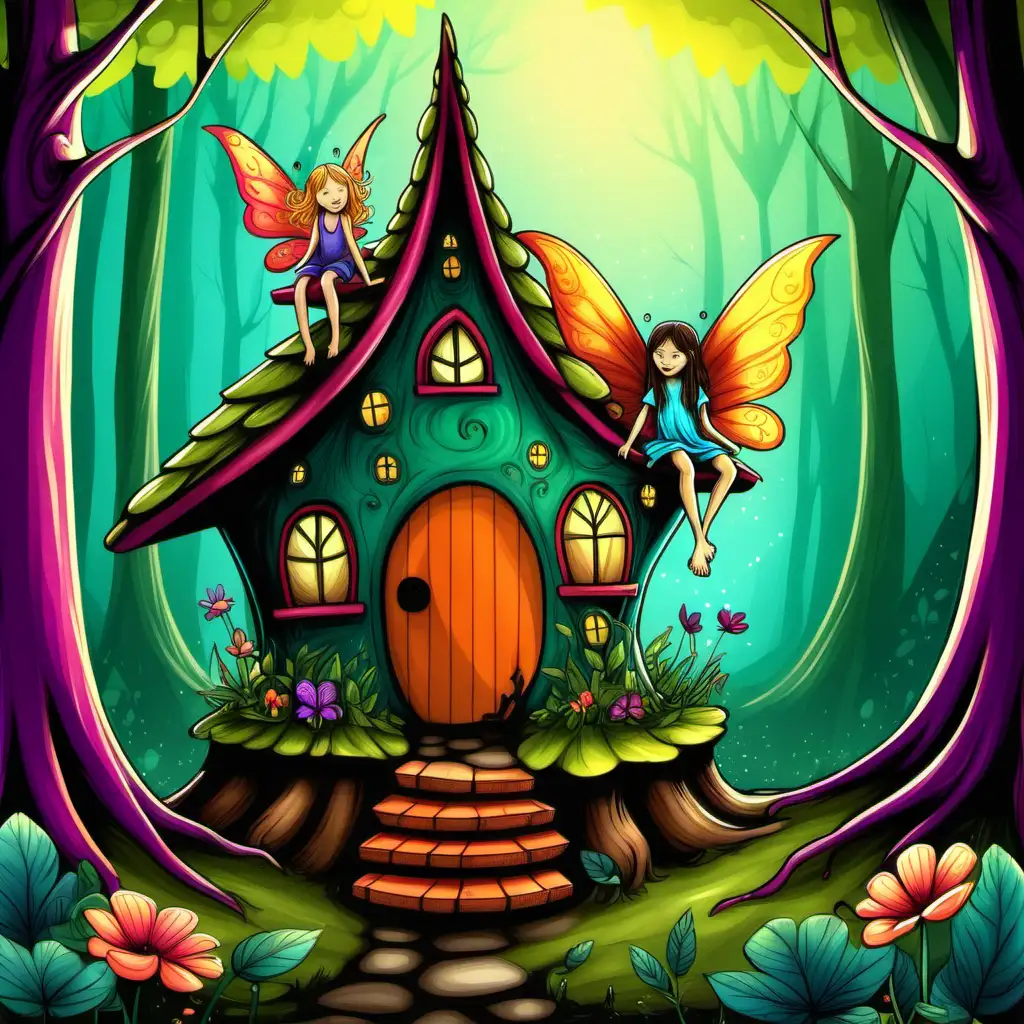 kids illustration, faerie sitting on a faerie house, vivid color