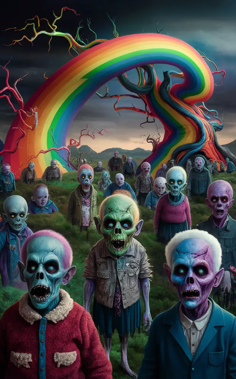 Eerie Ghouls Exploring a Vibrant Rainbow Wonderland