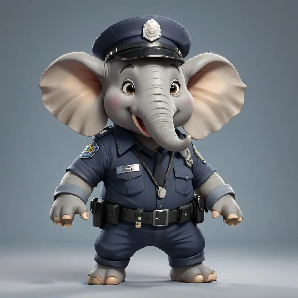 a cute funny elephant in cartoon style in full body in Police clothes with clear background