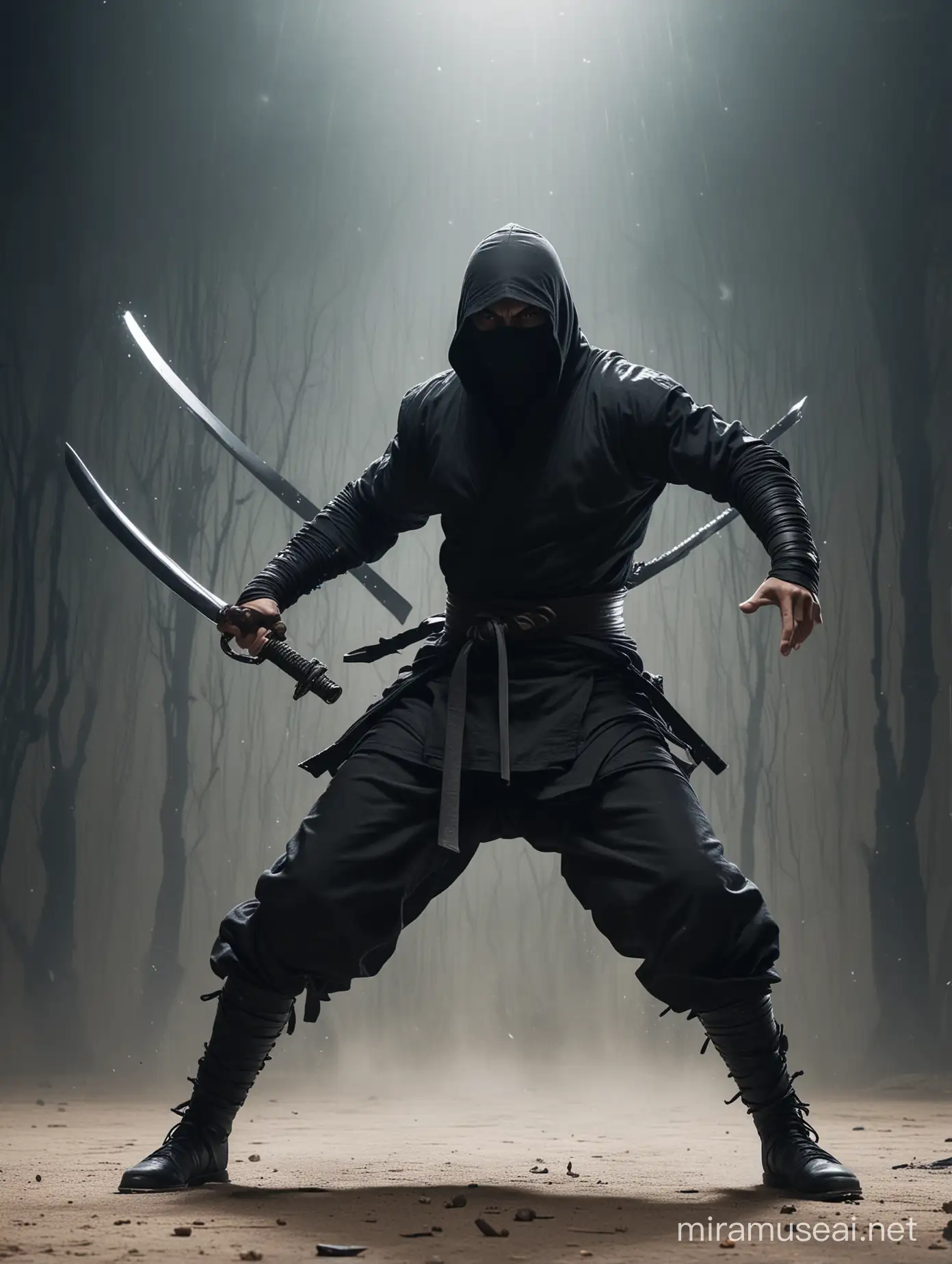 Dynamic Ninja Sword Slash with Dramatic Wind Element