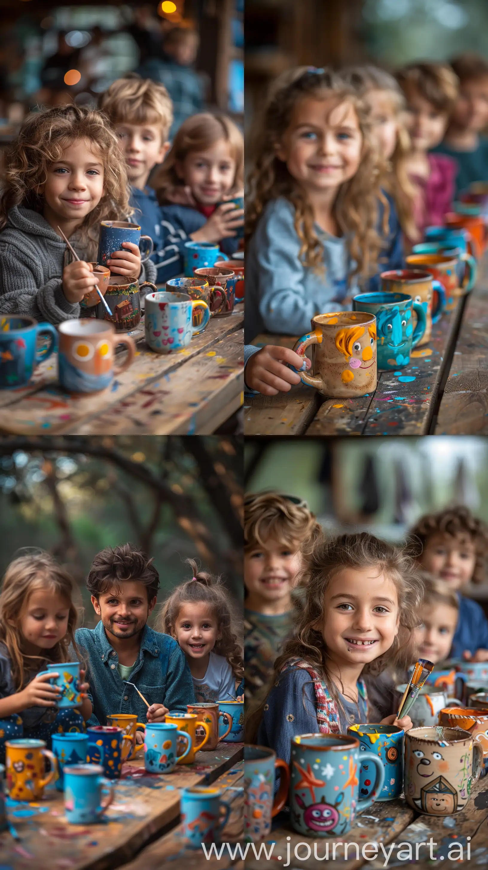 group of children painting mugs for father's day, depth of field, edgy,  in the style of franz west --ar 9:16 --stylize 750 --v 6
