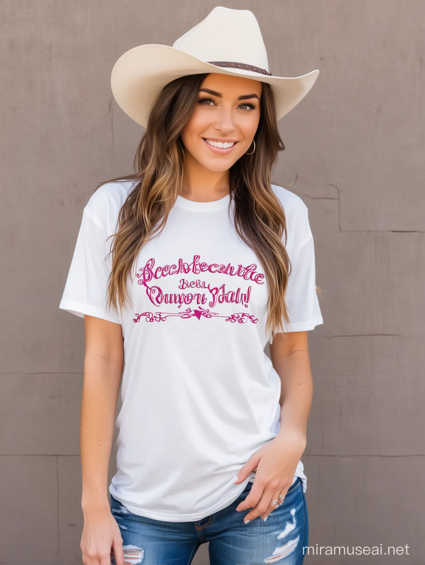 oversized plain bella canvas white tshirt worn by Bachelorette Party cowgirl wearing cowboy hat mock up