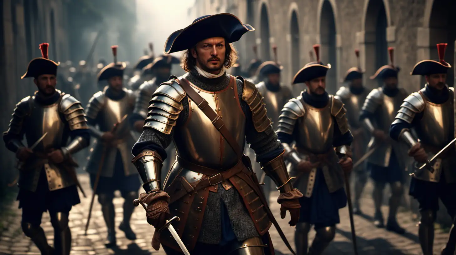 Imagen ultra realista,hombre noble del siglo XVI, con coraza y sombrero,lleva una espada ropera en la mano,al frente de unos soldados de los tercios, iluminación cinematográfica,alta definición,16k