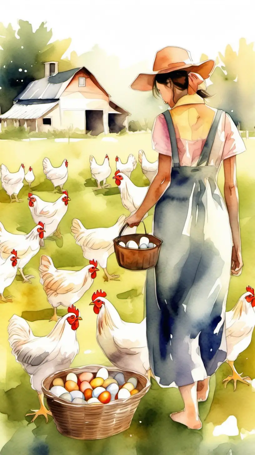 women picking chicken eggs, barefoot on a beautiful farm field with chickens, watercolor style