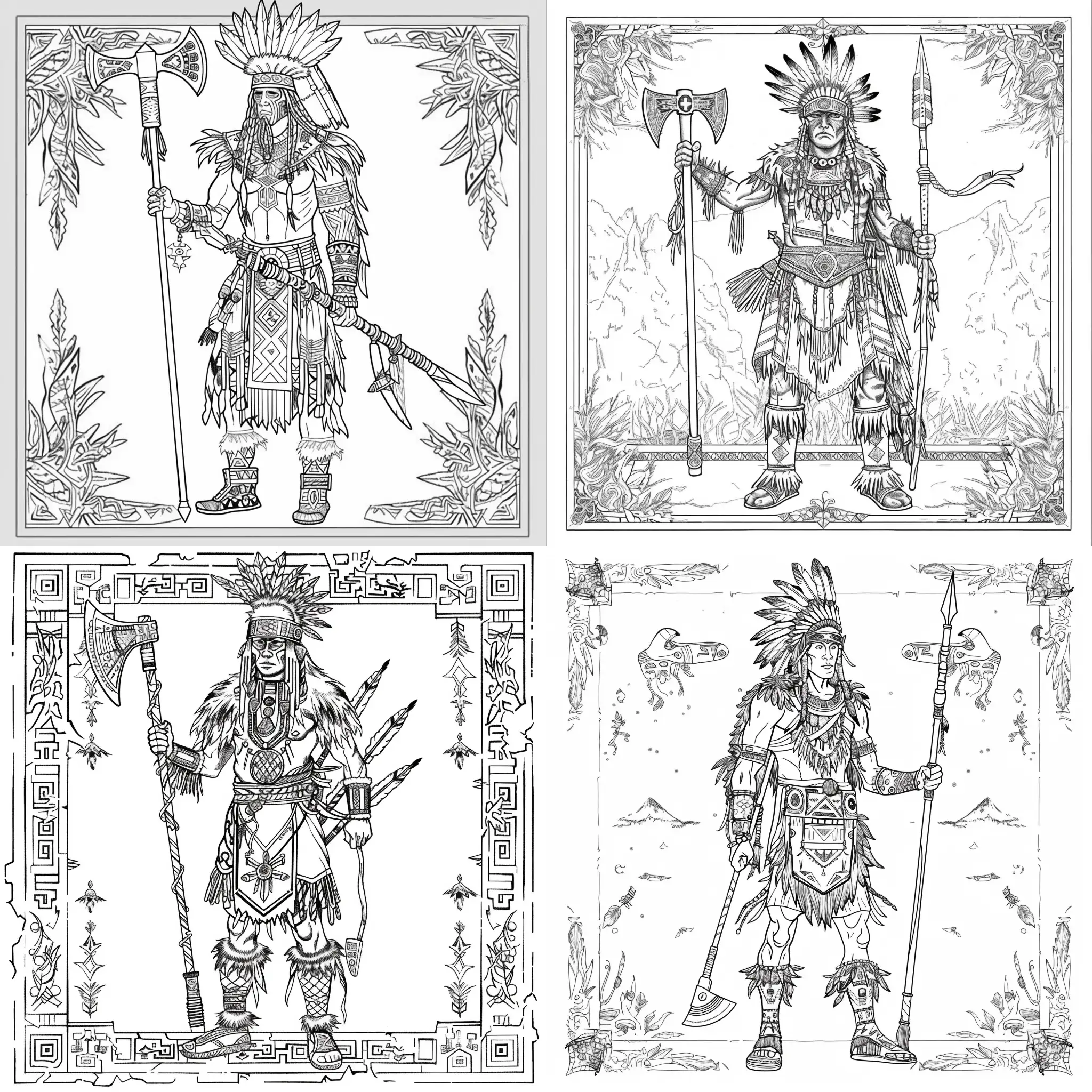 Decorated-Warrior-with-Tomahawk-and-Spear-Coloring-Page
