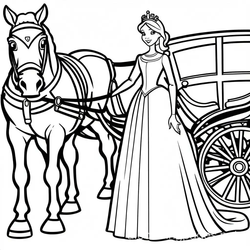 generate me an image of a princess standing next to a coach with horses , Coloring Page, black and white, line art, white background, Simplicity, Ample White Space. The background of the coloring page is plain white to make it easy for young children to color within the lines. The outlines of all the subjects are easy to distinguish, making it simple for kids to color without too much difficulty
