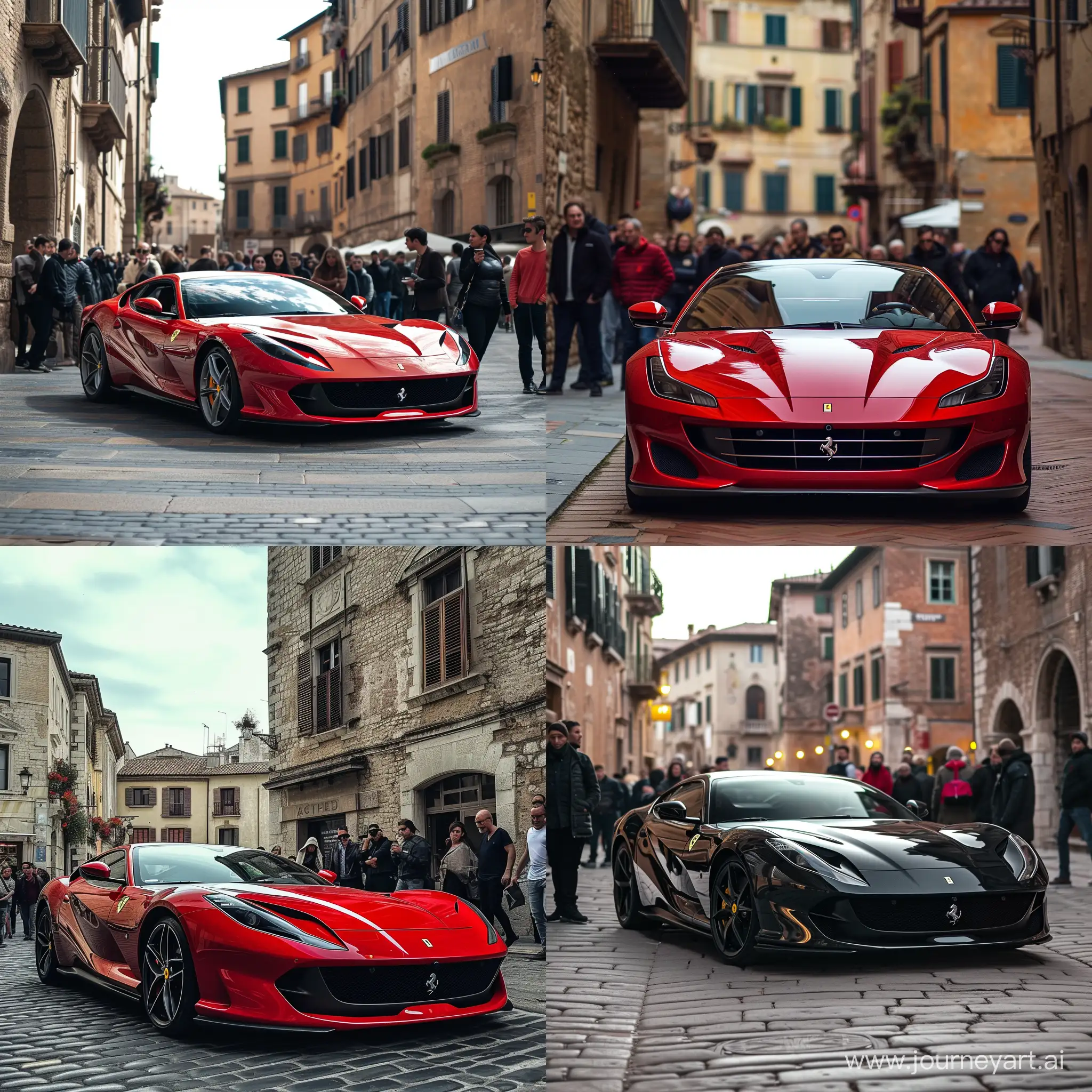 Ferrari on the street of a medieval city, onlookers around