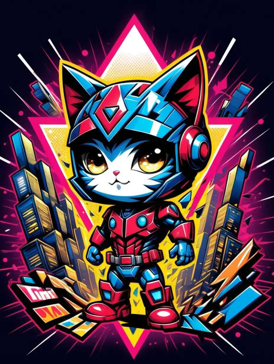 2d poster style, old style poster drawing, high contrast, flat pop art style drawing of a triangle-shaped composition featuring a little naugty cute kitty daredevil, dressed like Jazz character from Transformers, glowing. Anime, chibi style. Big head, small body, big eyes. Cute face. The background is filled with graffiti elements, incorporating vibrant electric colors, various shapes, and dynamic lights. The overall image should be lively, colorful, and reflective of contemporary youth culture, embodying the energetic spirit of pop art. Drawing must be in 2d flat style, popart. 