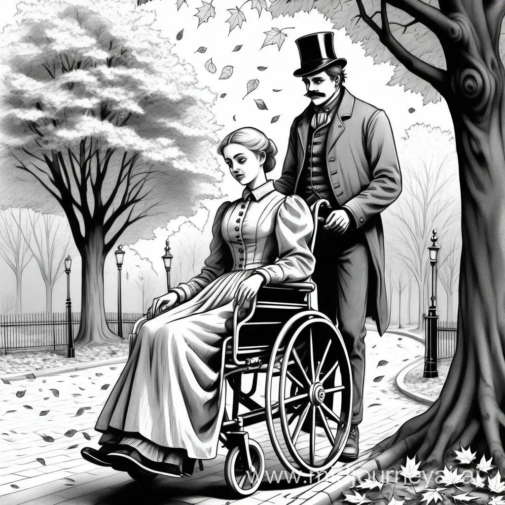 black and white detailed coloring page, young sick pale lady with 19 century clothes sitting in wheelchair pushing by young man with short small mustache, old park, autumn, leaves falling