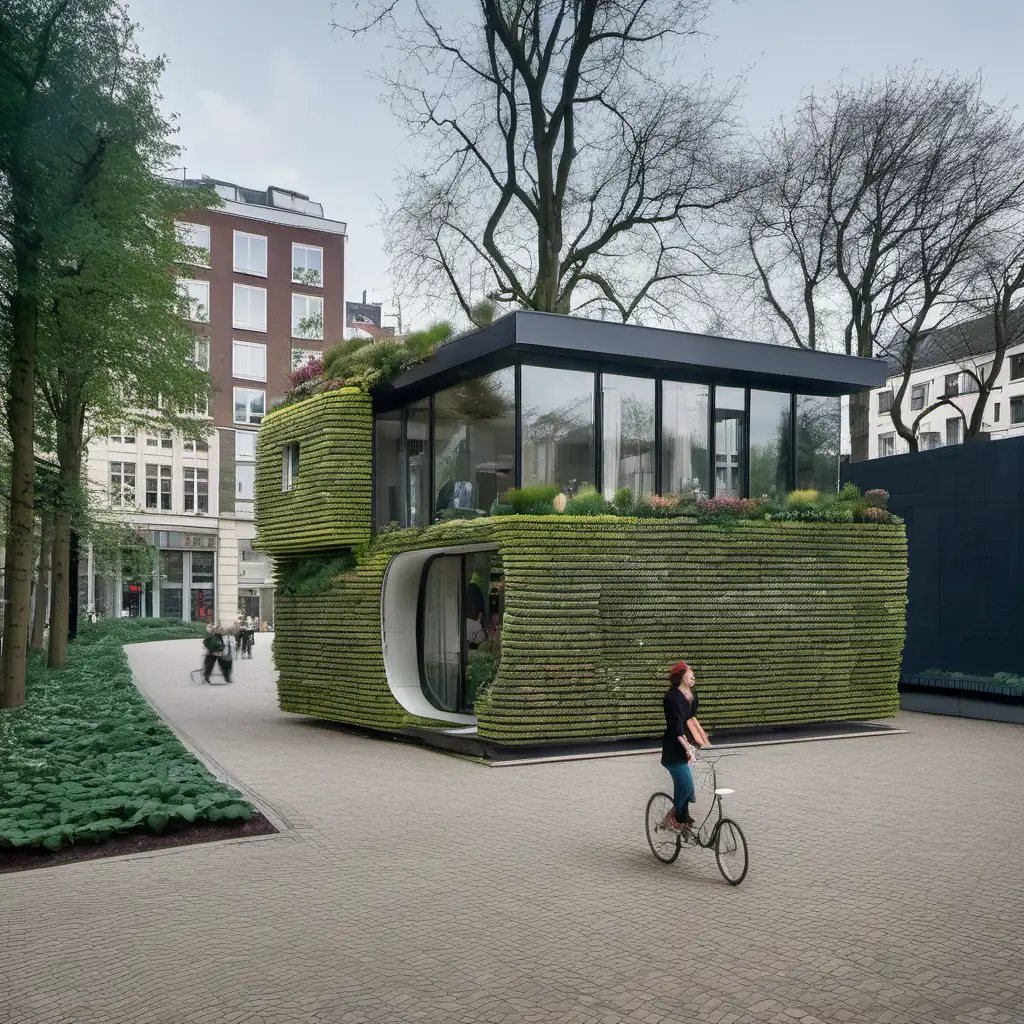 Imagine a tiny garden folly in de style of MVRDV architect on top of above this buiding.