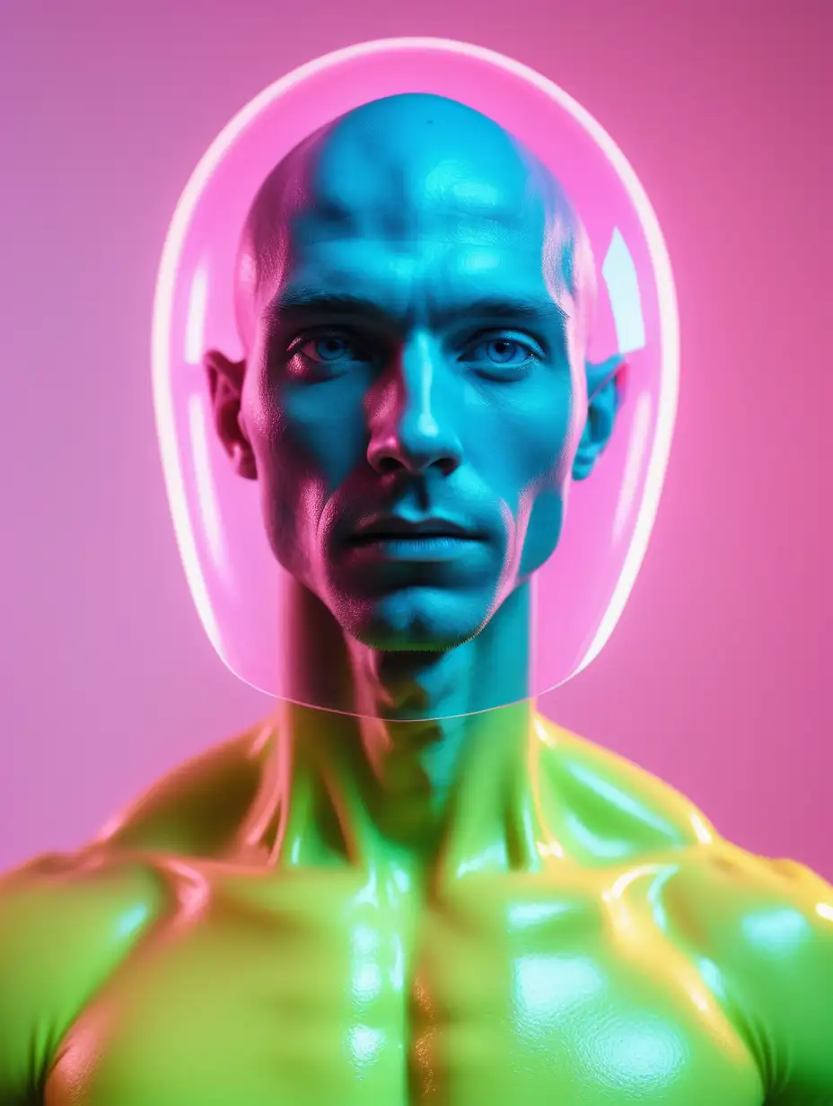 an 25 years old, real life neon yellow stunning gorgeous human face translucent plexi glass body elegant muscular alien android man,natural skin texture, in white art studio pink light casting hard shadows, blue pastel light halo, ultra detailed, 8k, film still from Wes Anderson, award winning photography, arty pose, fashion, 200mm, HD, f/ 2. 0, highly detailed --ar 3:4 --v 5.1 --v 5.1 --s 750 -- style raw
