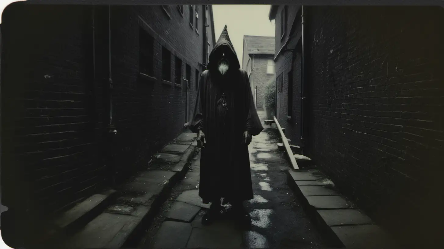 Distant polaroid shot of an ancient, emaciated dark wizard standing at the end of a gloomy alleyway.